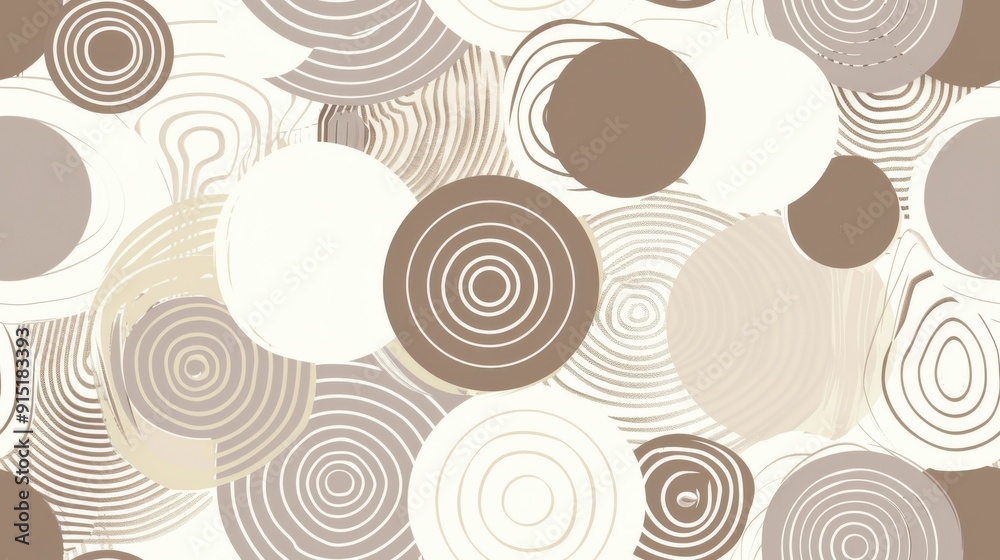 The image depicts a seamless pattern of overlapping circles in shades of beige, brown, and white. Some circles are solid, while others are filled with concentric rings, creating a dynamic and visually The image depicts a seamless pattern of overlapping circles in shades of beige, brown, and white. Some circles are solid, while others are filled with concentric rings, creating a dynamic and visually
