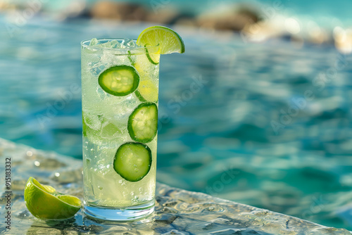 Cucumber lime cooler by the pool photo