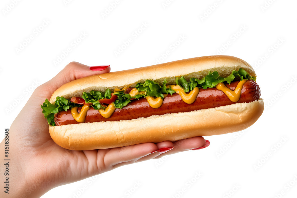 A hand holding a hotdog with ketchup and mustard isolated on a white background A hand holding a hotdog with ketchup and mustard isolated on a white background