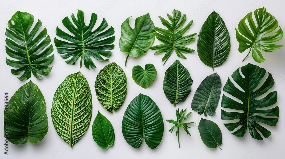 Fresh tropical leaves of different shapes and sizes are meticulously arranged on a light background, showcasing their rich green colors and textures