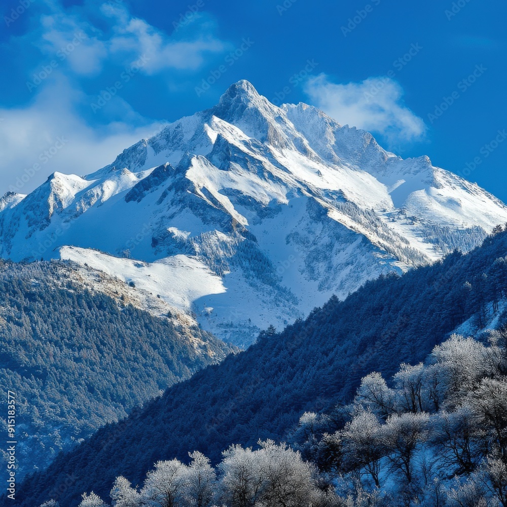 Obraz premium Snow-covered mountain peaks rise majestically above the lush valley, showcasing the beauty of the Pyrenees in winter