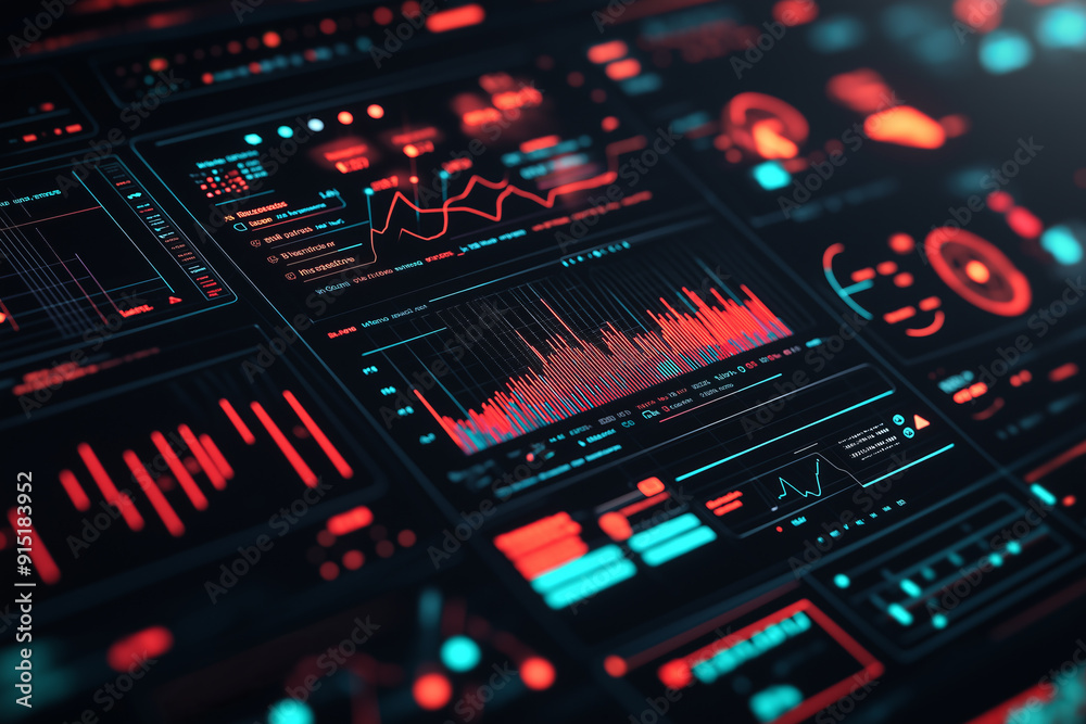 Futuristic digital interface with red and blue data visualizations. Futuristic digital interface with red and blue data visualizations.