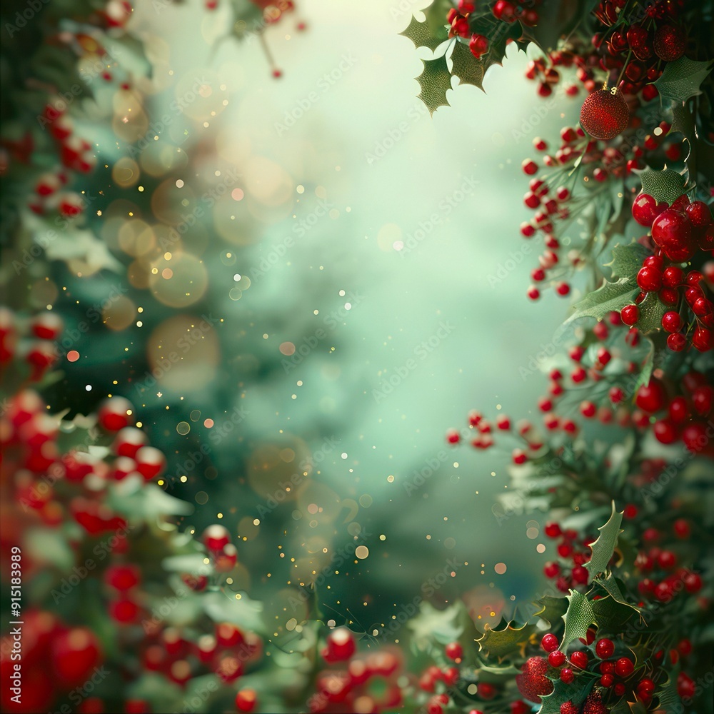 Christmas holly wreath with green leaves and red berries as frame on blurred background with bokeh lights. Christmas holly wreath with green leaves and red berries as frame on blurred background with bokeh lights.
