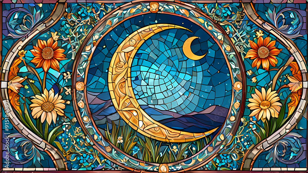 Mosaic art design with the theme of the beauty of the crescent moon Mosaic art design with the theme of the beauty of the crescent moon