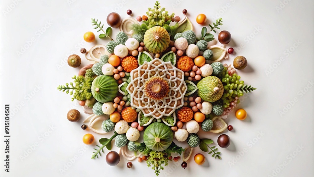 Colorful fruits and vegetables arranged in a mandala pattern on a white background. Colorful fruits and vegetables arranged in a mandala pattern on a white background.