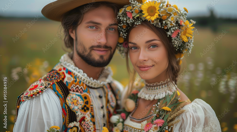 Fototapeta premium Portrait of Latvian Couple Wearing Traditional Dress with Floral Wreath, Showcasing European Cultural Heritage, Vibrant Colours and Handcrafted Details, with Embroidery, Outdoor Grassfield Background 