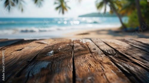 Dark wood floor top on blur tropical beach background, Advertisement, Print media, Illustration, Banner, for website, copy space, for word, template, presentation