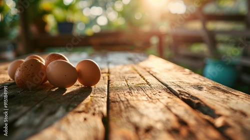 empty table top with blur background of laying hen farm and egg, Advertisement, Print media, Illustration, Banner, for website, copy space, for word, template, presentation