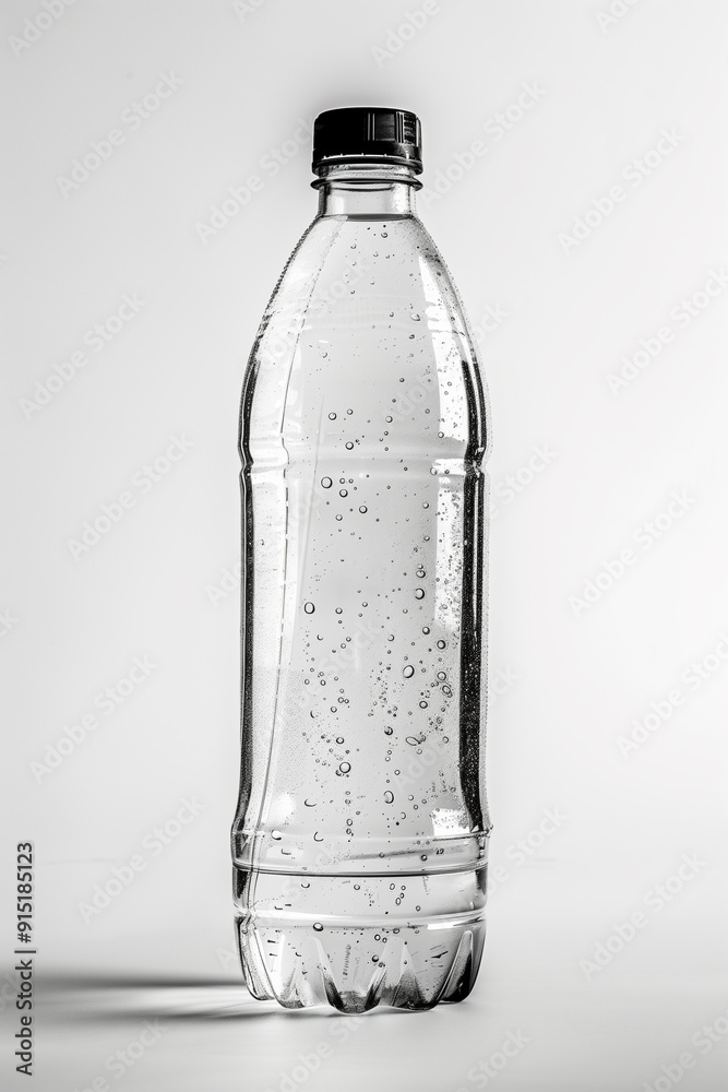Clear plastic water bottle filled with liquid and bubbles on a white background. Clear plastic water bottle filled with liquid and bubbles on a white background.