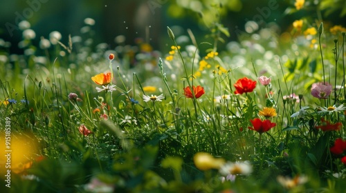 Nature background. Beautiful summer meadow background. Inspirational nature, field of flowers with a bright sun shining on them. flowers are yellow and pink. Scene is cheerful and peaceful