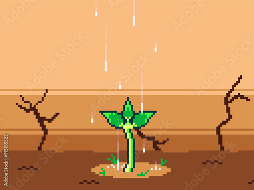 Pixel Art Illustration, Depiction of Rain on Tree Sprout at Devastated Land