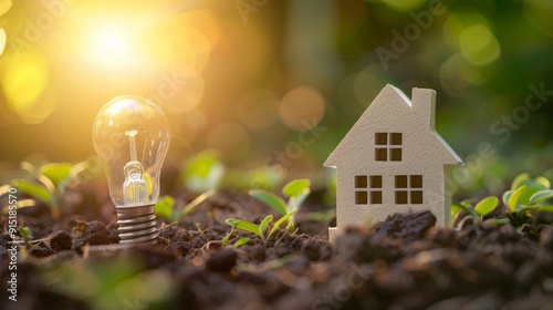 Smart house and environment, Small house model and light bulb on the ground for real estate, eco design , green electricity energy background