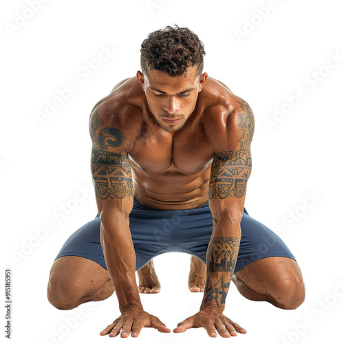 Front view full body shot of Latin man in a bridge pose yoga posture isolated on a white transparent background photo