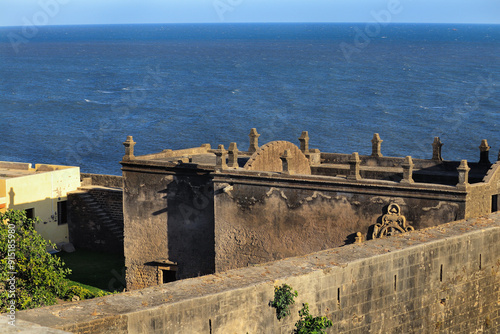 Beautiful landscape of sea and old heritage building, Bastion of Diu Fort. Walls of diu vintage fort is built by Portuguese, located in Diu district of Union Territory Daman and Diu, India photo