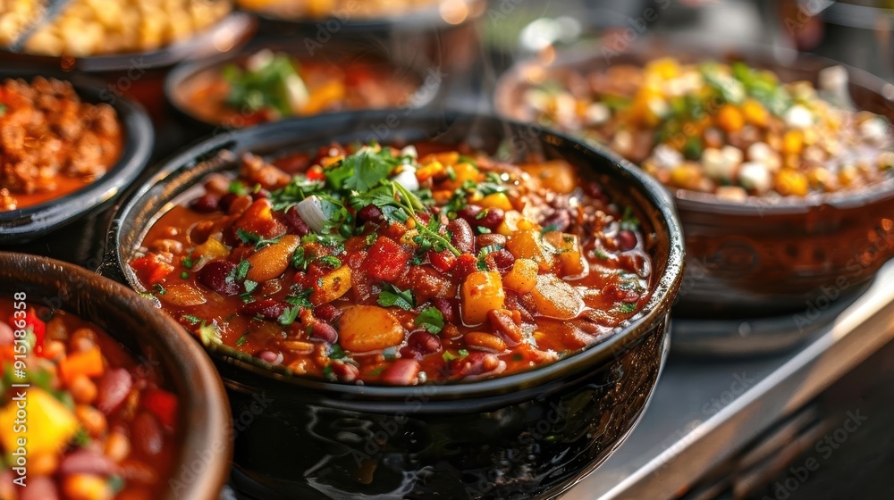 Close up of a pot of chili with beans, peppers, and cilantro. Close up of a pot of chili with beans, peppers, and cilantro.