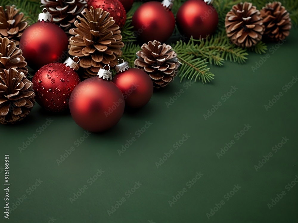Row of red christmas ball decorations and pine cones on a green background Row of red christmas ball decorations and pine cones on a green background