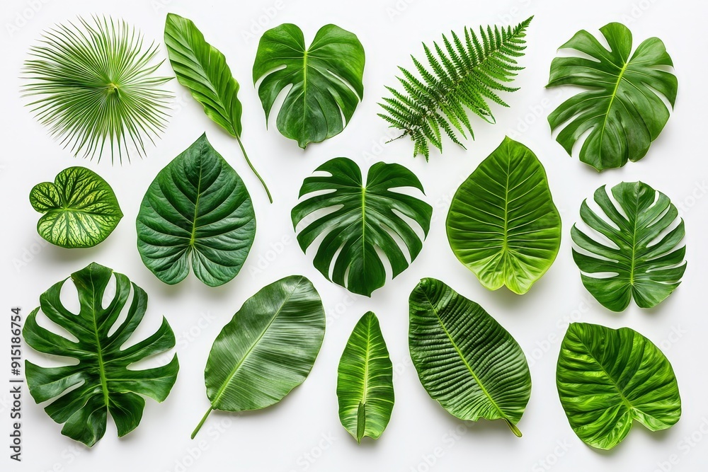 Various tropical leaves are artistically arranged, showcasing their unique shapes and textures against a light background, perfect for design reference Various tropical leaves are artistically arranged, showcasing their unique shapes and textures against a light background, perfect for design reference