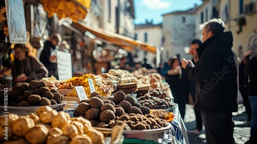 Visitors explore a bustling market at the White Truffle Festival, enjoying a variety of truffles, local foods, and the lively ambiance in Alba, Italy