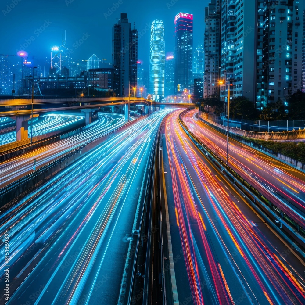 Dramatic long exposure colorful light trails, streaks from hight speed vehicles of freeway Dramatic long exposure colorful light trails, streaks from hight speed vehicles of freeway