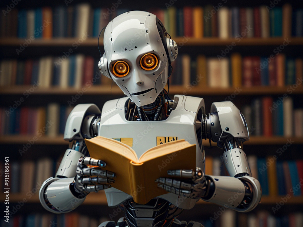 Futuristic Robot Reading a Book in a Library Futuristic Robot Reading a Book in a Library