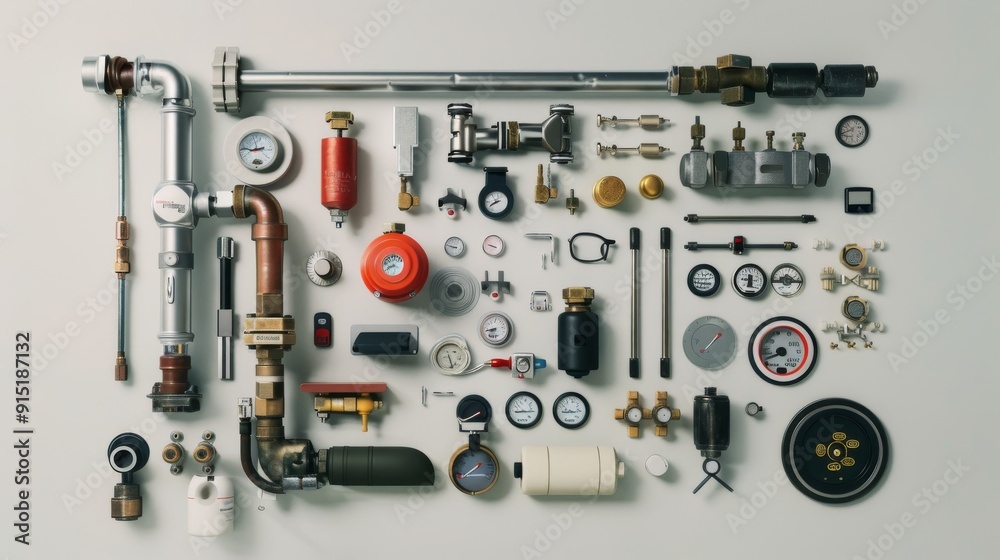 An array of intricate plumbing and mechanical components systematically laid out on a white surface, showcasing their diversity and utility. An array of intricate plumbing and mechanical components systematically laid out on a white surface, showcasing their diversity and utility.