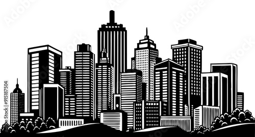 A Downtown City Landscape With High Skyscrapers Silhouette