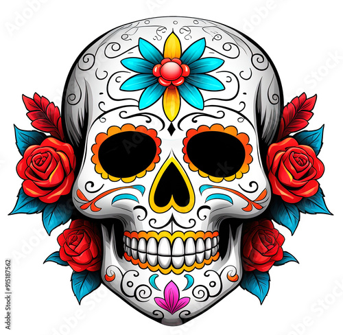 Calavera con adornos florales y arabescos, representando la rica tradición del Día de los Muertos, aislado sobre fondo transparente, para eventos, flyers, banners, tatuajes, camisetas