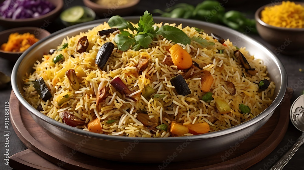 Veg biryani or veg pulav served in a bowl on background Veg biryani or veg pulav served in a bowl on background