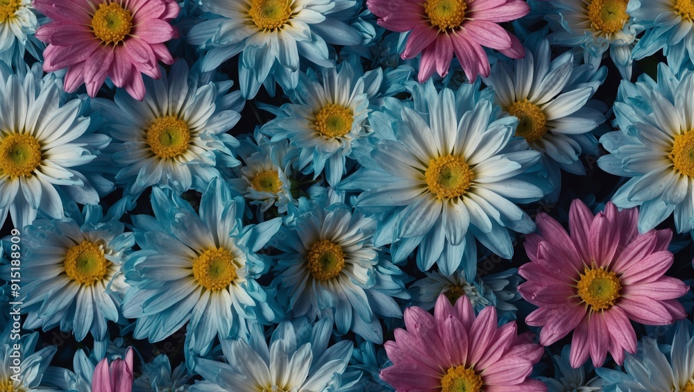 Beautiful daisies in shades of pastel blue and pink hues. Beautiful daisies in shades of pastel blue and pink hues.