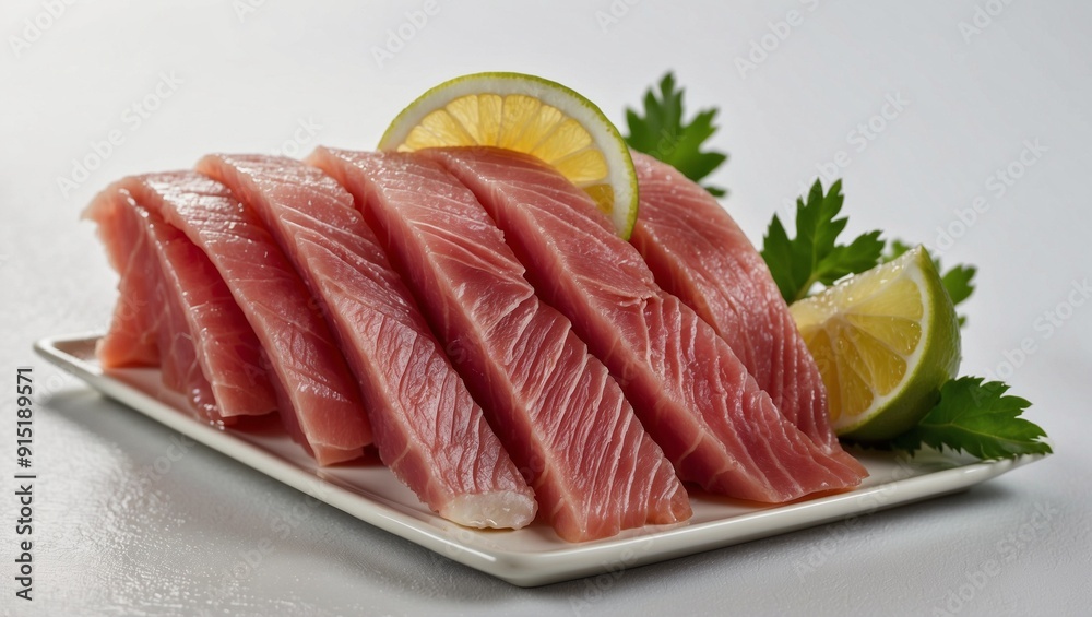 Fresh cuts of pink tuna sashimi with lemon slices garnish. Fresh cuts of pink tuna sashimi with lemon slices garnish.