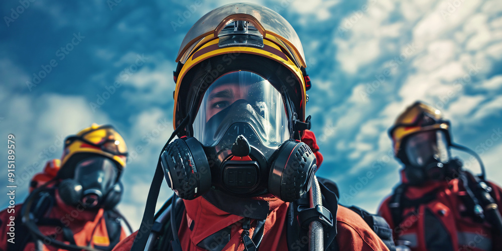 A close-up portrait of three firefighters wearing protective gear, their faces serious and determined,. asian man A close-up portrait of three firefighters wearing protective gear, their faces serious and determined,. asian man