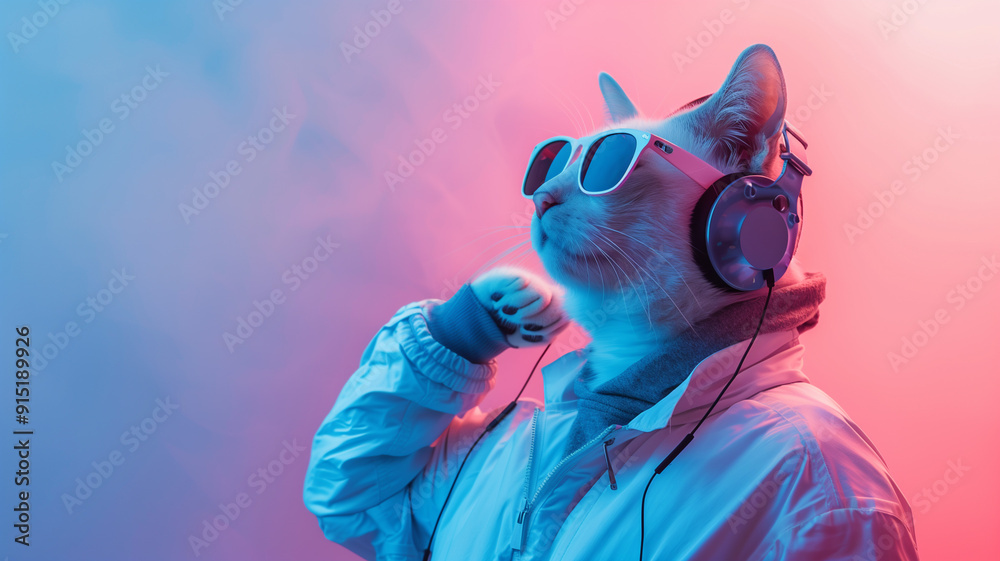 Fantasy character with a cat head wearing sunglasses and headphones Fantasy character with a cat head wearing sunglasses and headphones
