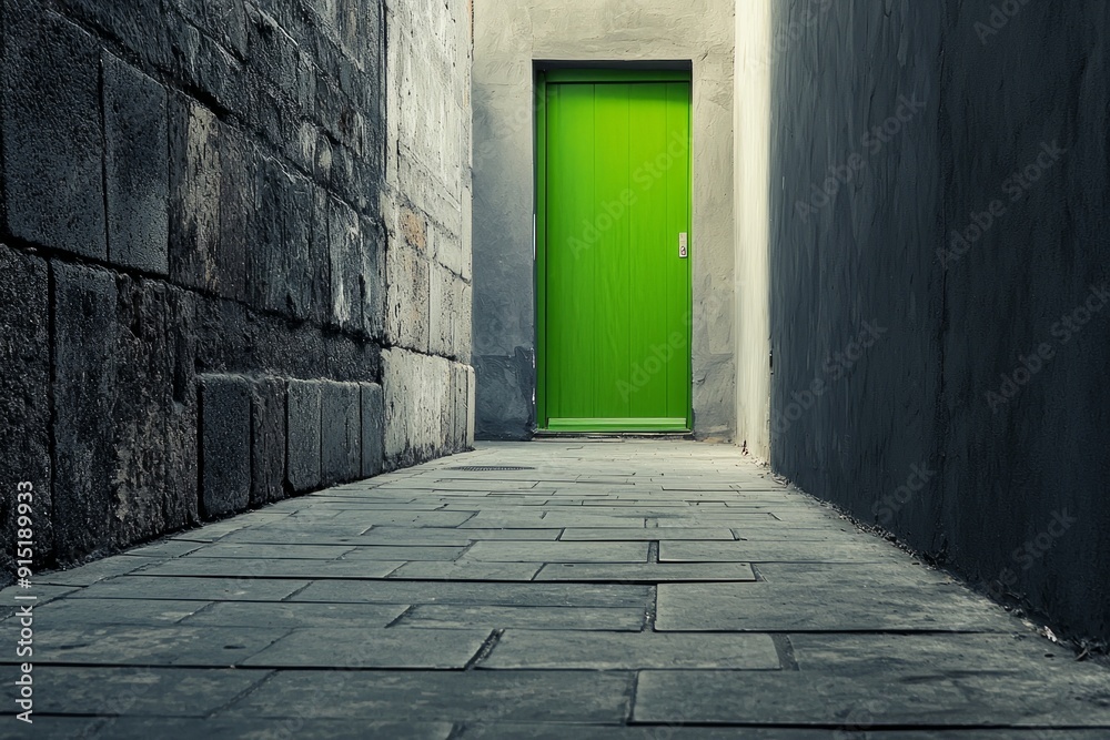 Obraz premium A contemporary grey pedestrian alley with smooth surfaces and grey walls is punctuated by a single, brightly colored green door, providing a focal point in the monochromatic setting.
