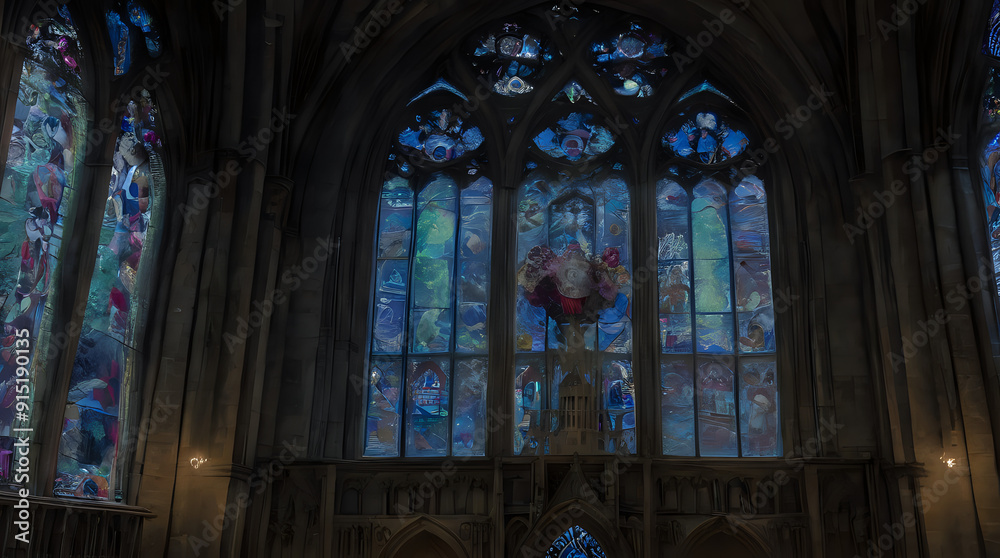 a view of a church with a stained glass window and a cross a view of a church with a stained glass window and a cross