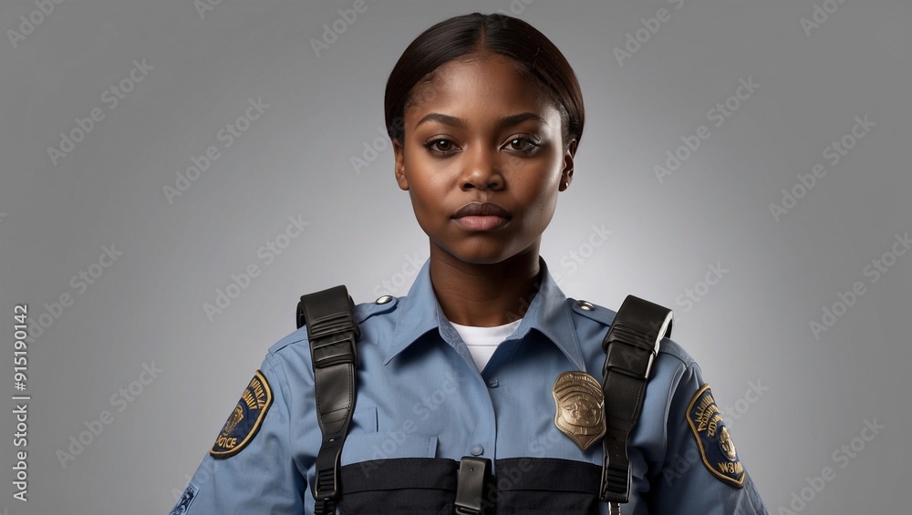 Female police officer in uniform with a serious expression. Female police officer in uniform with a serious expression.