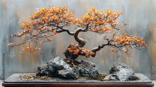 A Root over rock Bonsai featuring the striking roots of a tree, displayed against a neutral background photo