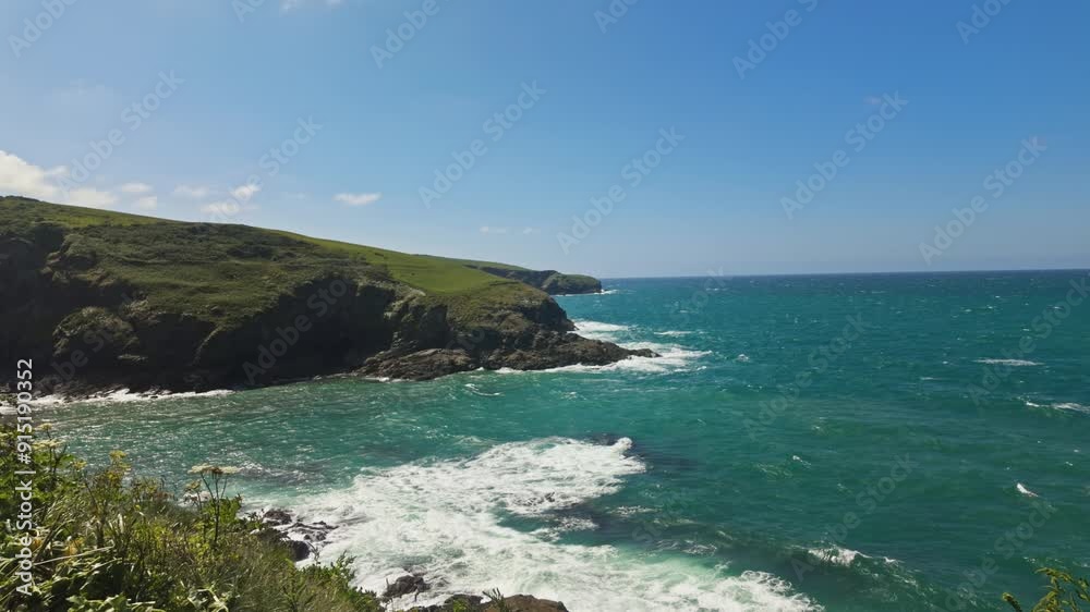 View looking down on coastline and sea, foliage in foreground, sunny day View looking down on coastline and sea, foliage in foreground, sunny day