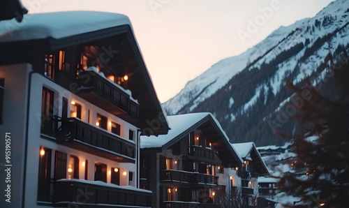 Snowy alpine village at sunset, Generative AI