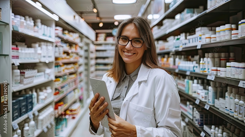 Pharmacist consulting with a patient at the counter, discussing medication Pharmacist consulting with a patient at the counter, discussing medication