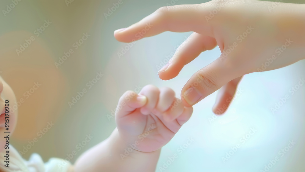 Tender moment between baby and parent as hands touch gently Tender moment between baby and parent as hands touch gently