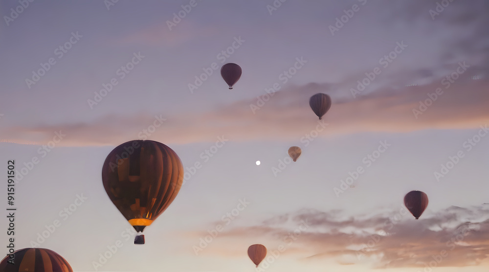 Fototapeta premium several hot air balloons flying in the sky at sunset