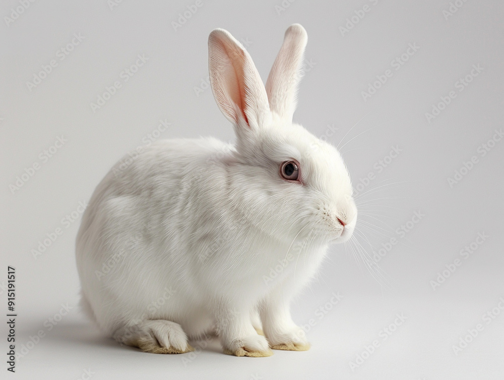 A fluffy white rabbit sitting calmly on a light background in a studio setting A fluffy white rabbit sitting calmly on a light background in a studio setting