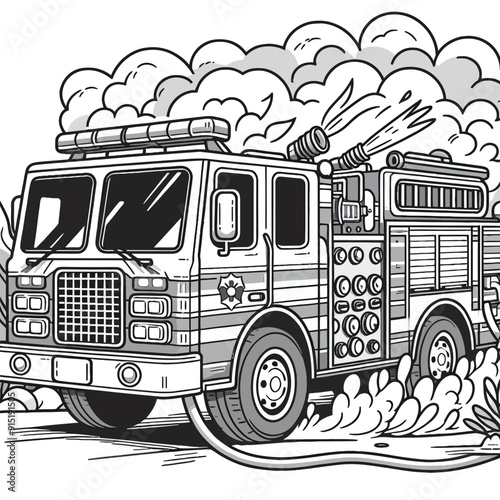 Fire truck rushing to put out a blaze coloring page outline vector