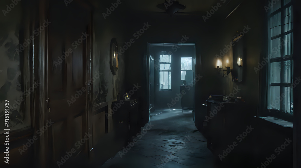 a hallway with a door and a window in it a hallway with a door and a window in it