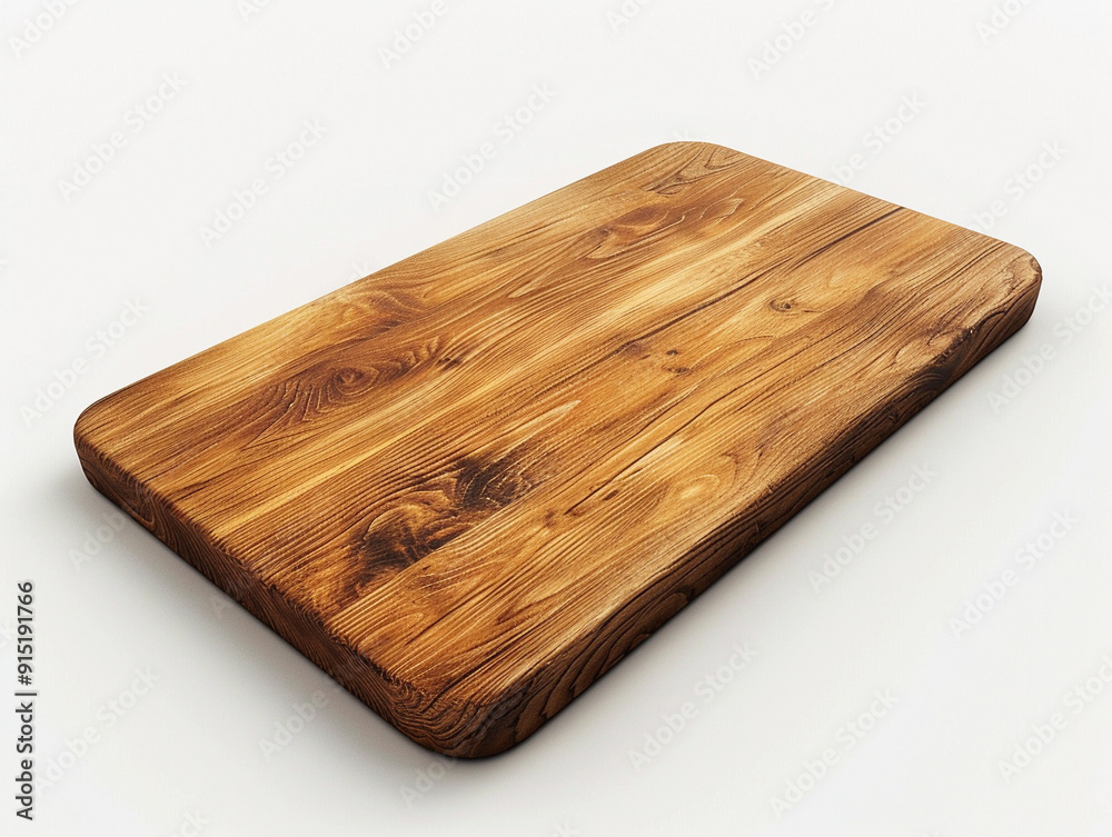 Wooden cutting board on a white background, showcasing its smooth surface and natural grain Wooden cutting board on a white background, showcasing its smooth surface and natural grain