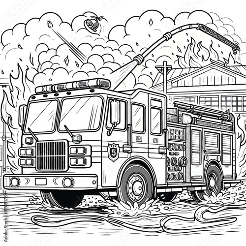 Fire truck rushing to put out a blaze coloring page outline vector