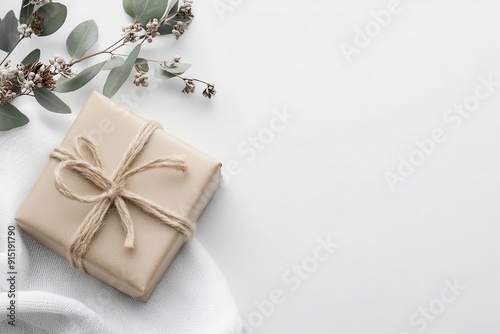 Minimalistic wrapped gift box with a natural twine accent and eucalyptus branches on a white background. Ideal for celebrations and special occasions.