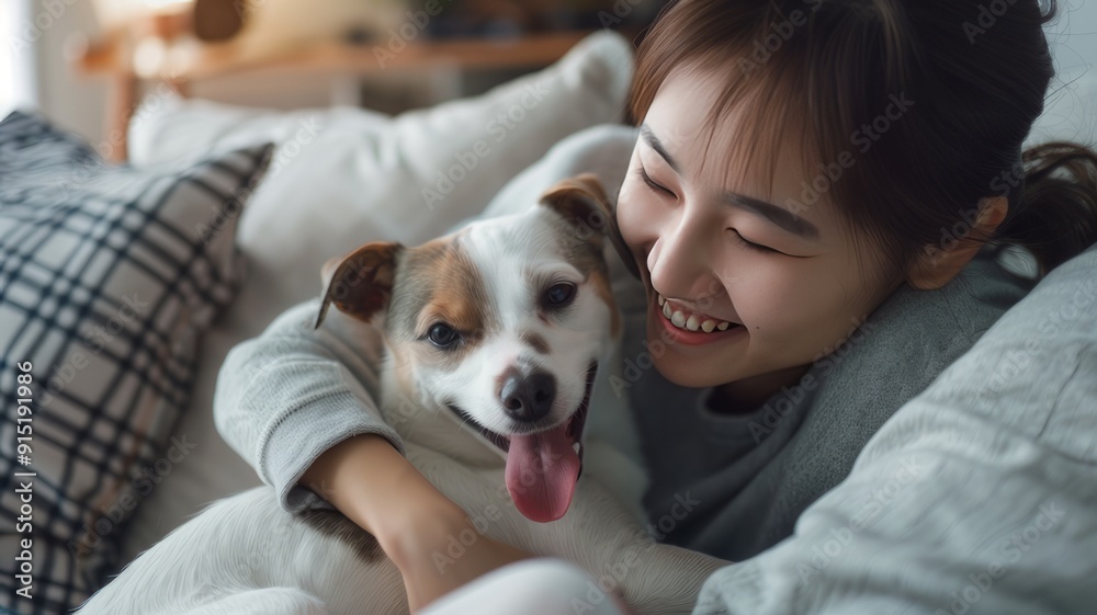 Asian young happy cheerful female owner sitting smiling on cozy sofa couch playing hugging cuddling with best friend small companion dog white short hair parson jack russell terrier in living room. Asian young happy cheerful female owner sitting smiling on cozy sofa couch playing hugging cuddling with best friend small companion dog white short hair parson jack russell terrier in living room.