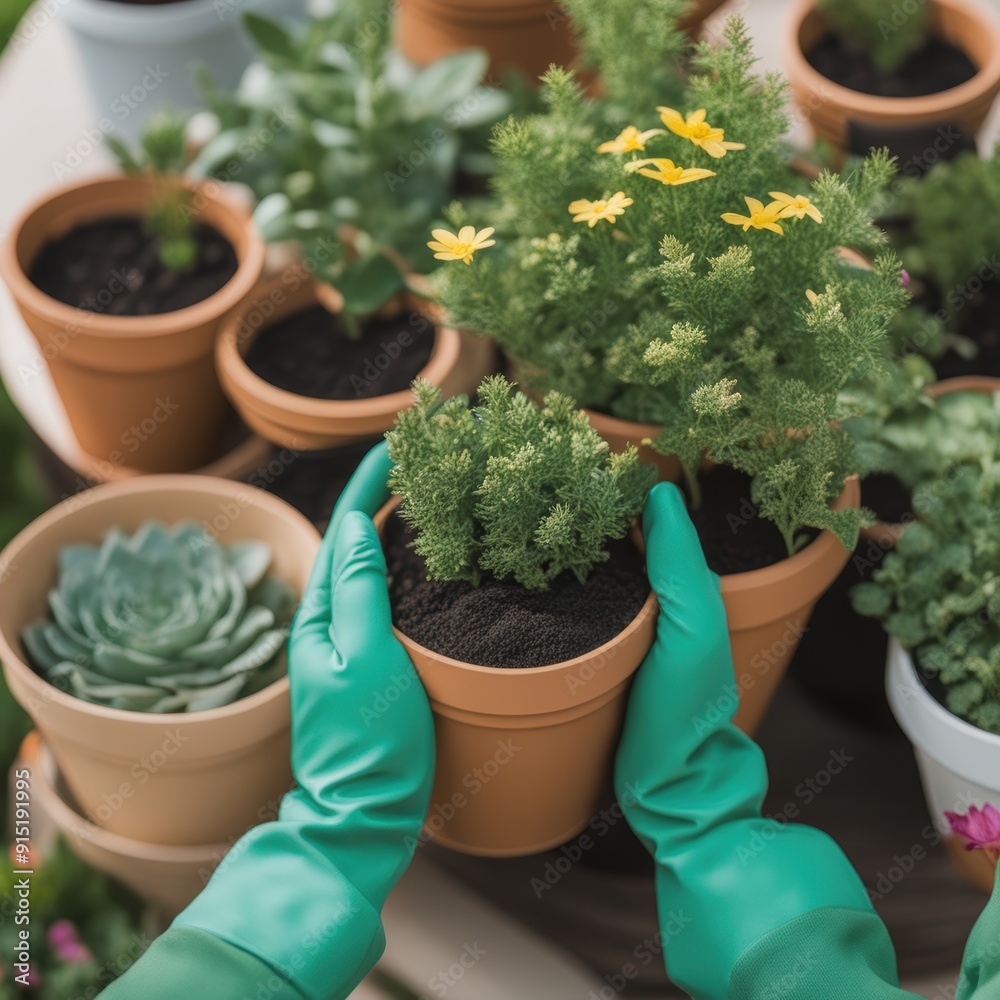 Hands in green gloves hold a potted plant on a cluttered potting bench. Hands in green gloves hold a potted plant on a cluttered potting bench.