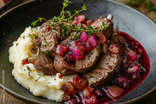 Rich Sautéed Reindeer with Lingonberry-Onion Relish and Creamy Mashed Potatoes